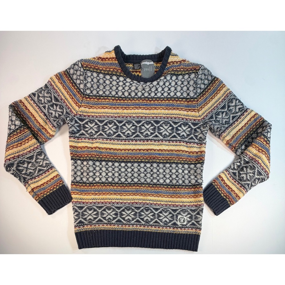 Desigual Yes!! Mens Medium Fair Isle Geometric Knit Crewneck Sweater Navy Multi